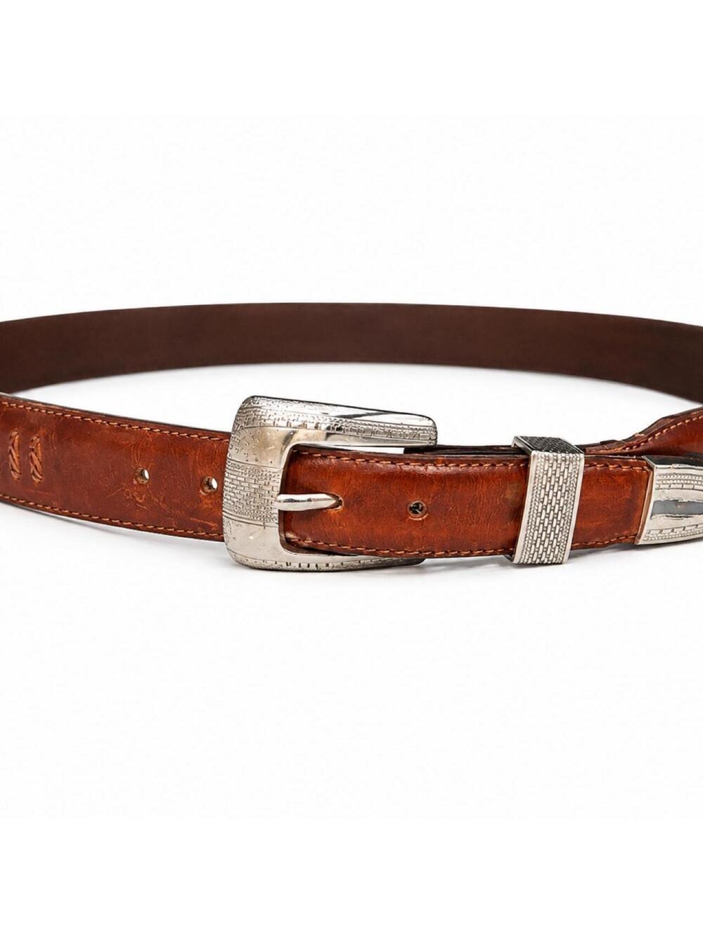 Onyx by Brighton Brown Leather Belt with Silver Buckle and Embossed Details